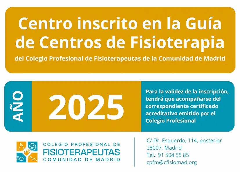 Centro inscrito en la Guía de Centros de Fisioterapia del Colegio Profesional de Fisioterapeutas de la Comunidad de Madrid
